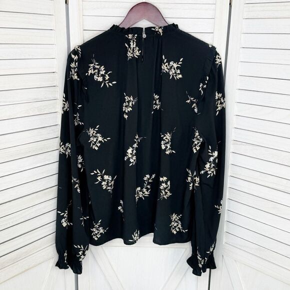J. Crew Floral Smocked Ruffle Trim Blouse Black Tan Large - Picture 8 of 12